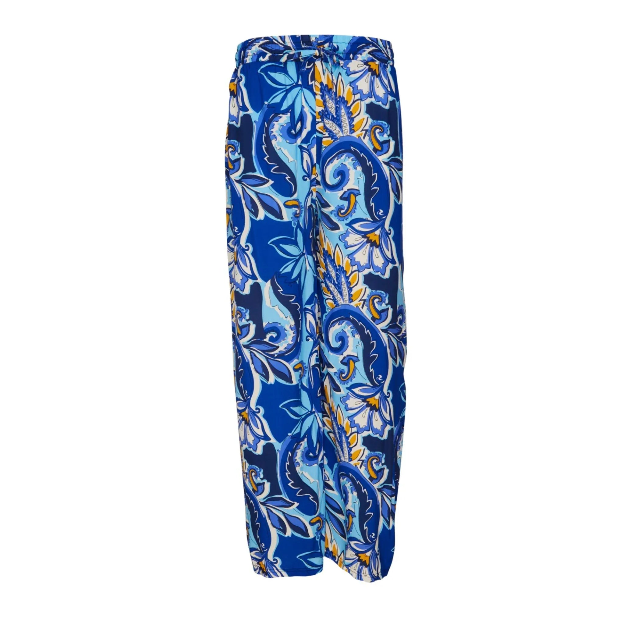Ladies' wide leg palazzo trousers with bold blue floral and paisley print – lightweight elasticated waist summer pants